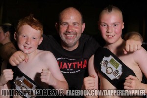 Crawley's Thaiboxing Kids Jamie and Brad with Coach John Jarvis